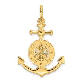 14K Yellow Gold Polished Finish 3-Dimensional Anchor with Nautical Boating Compass Charm Pendant