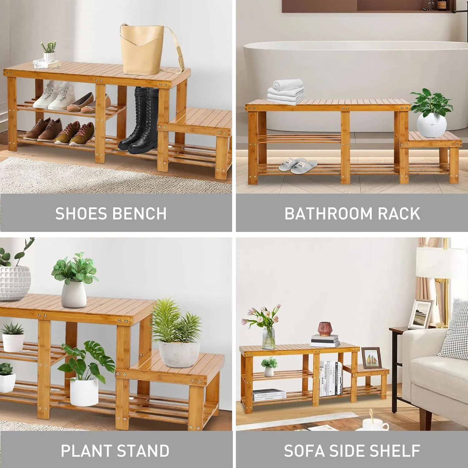 2-Tier Bamboo Shoe Rack Bench Entryway Organiser Rack Shelf Plant Stand Storage Bench