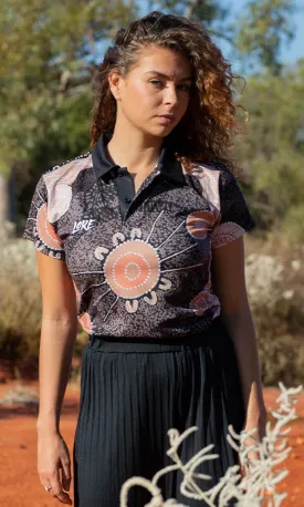 Aboriginal Art Ladies Fitted Polo Meeting at River