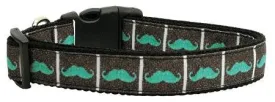 Aqua Moustaches Ribbon Dog Collars Large