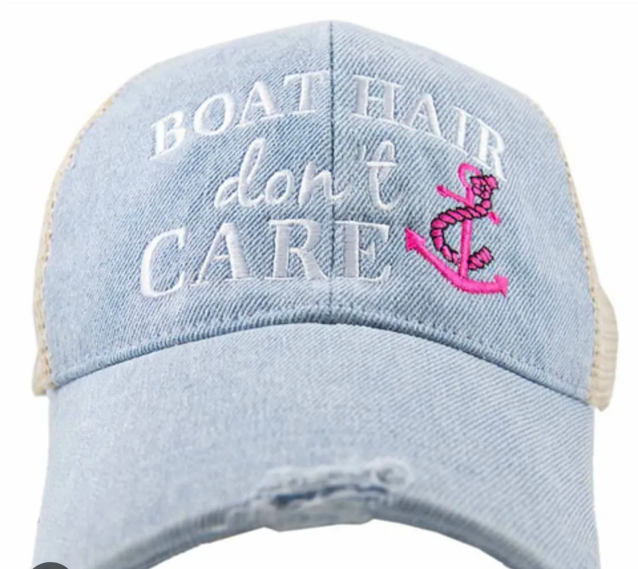 Boat hats Boat hair dont care Embroidered distressed light denim blue trucker cap with pink anchor Vacation Lake Beach Boating Ocean