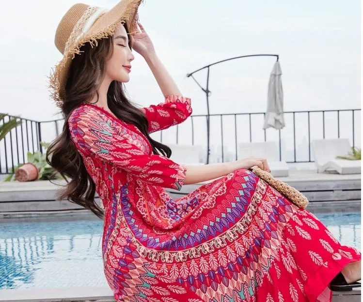 Bohemian National Style Red Dress Long Dress