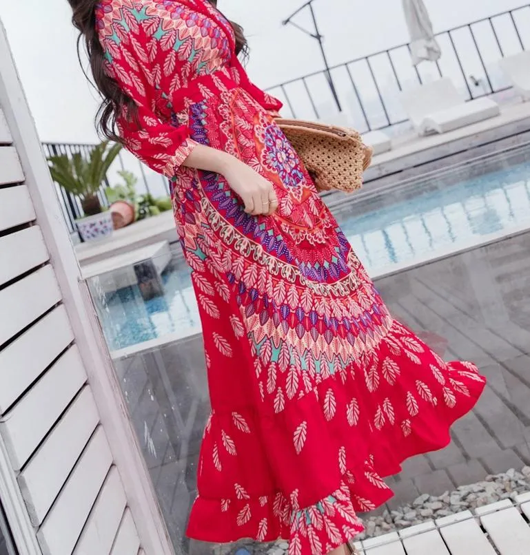 Bohemian National Style Red Dress Long Dress