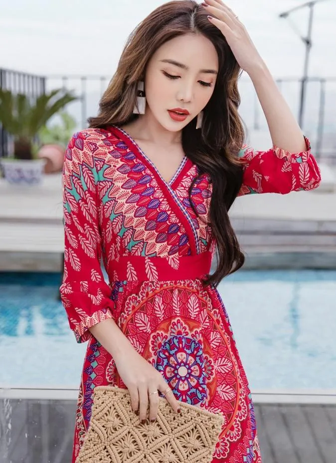 Bohemian National Style Red Dress Long Dress