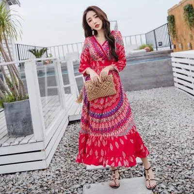 Bohemian National Style Red Dress Long Dress