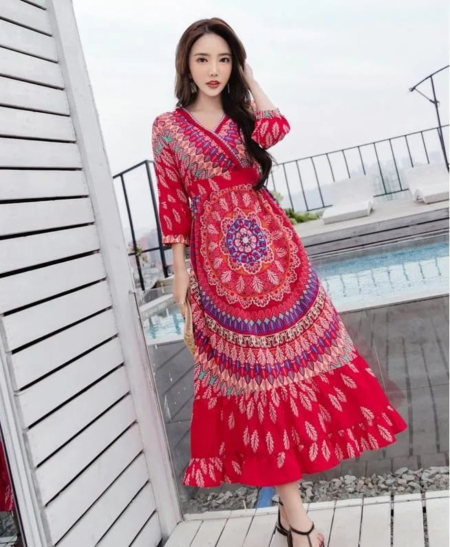 Bohemian National Style Red Dress Long Dress