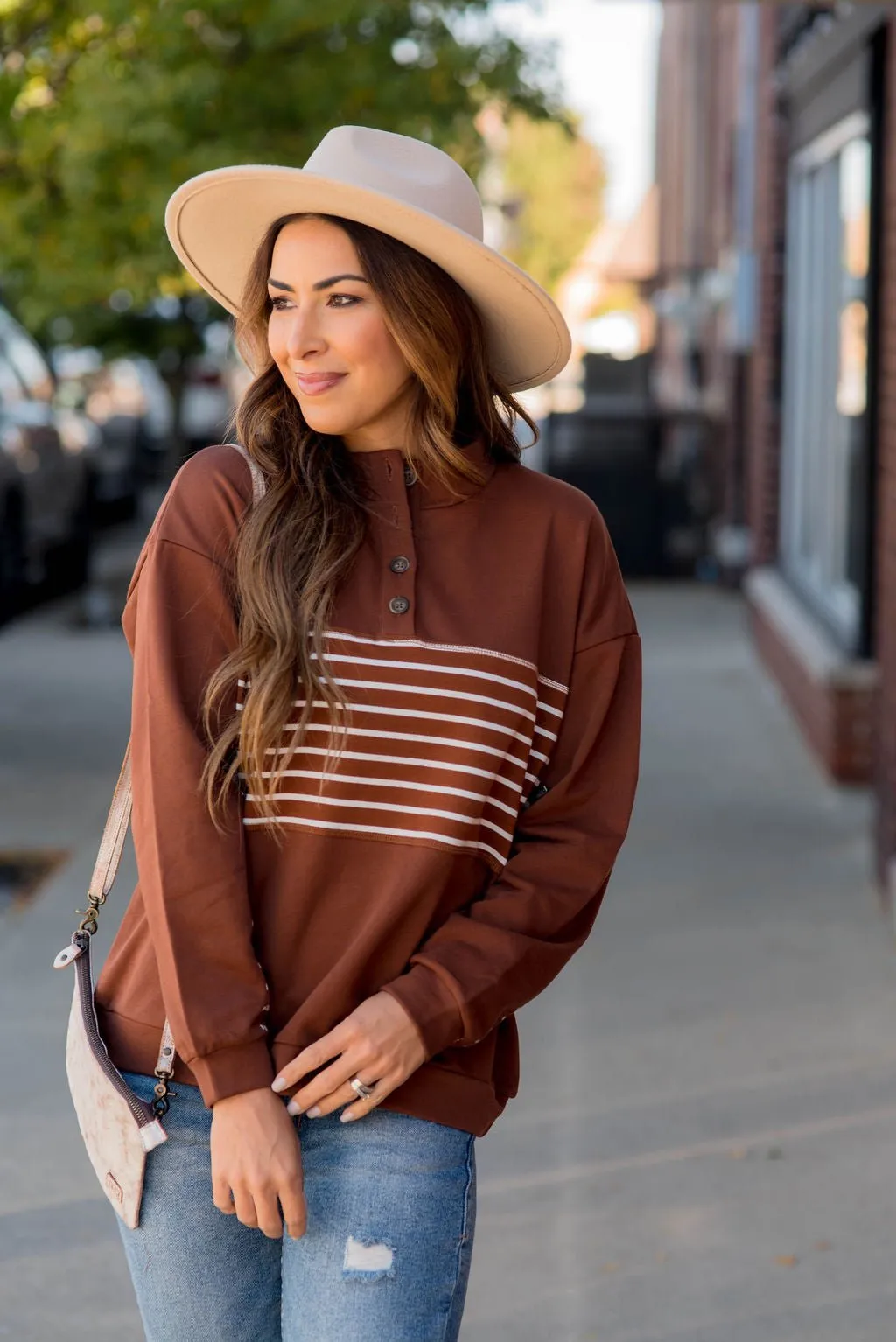 Button Stripe Sweatshirt