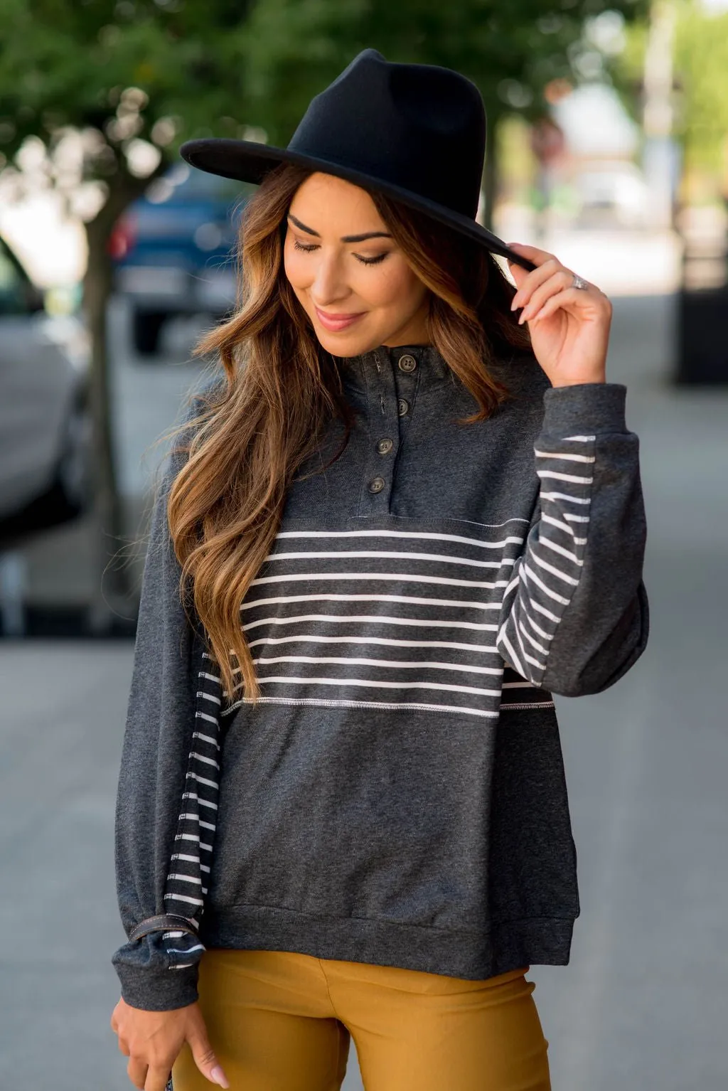 Button Stripe Sweatshirt