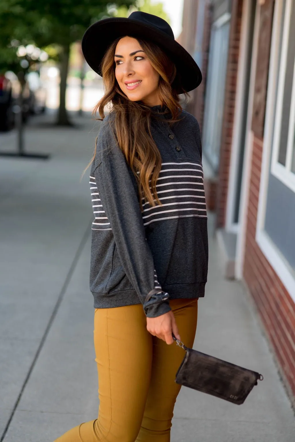 Button Stripe Sweatshirt