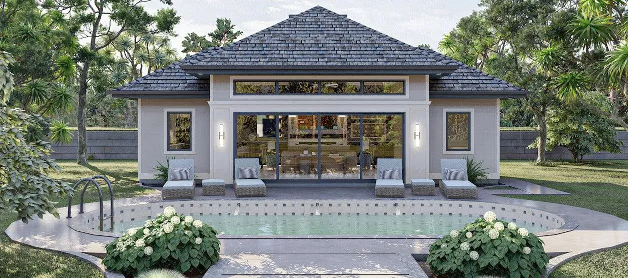 Charming Pool House Plan with Open Layout and Convenient Amenities