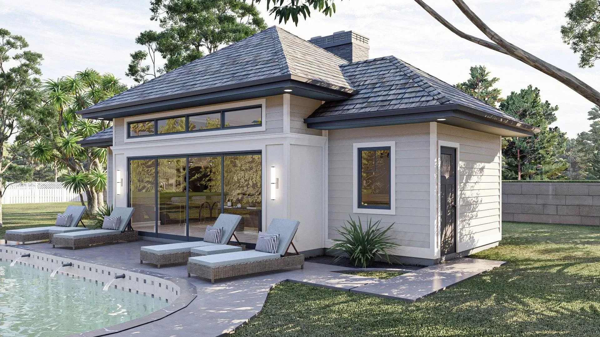 Charming Pool House Plan with Open Layout and Convenient Amenities