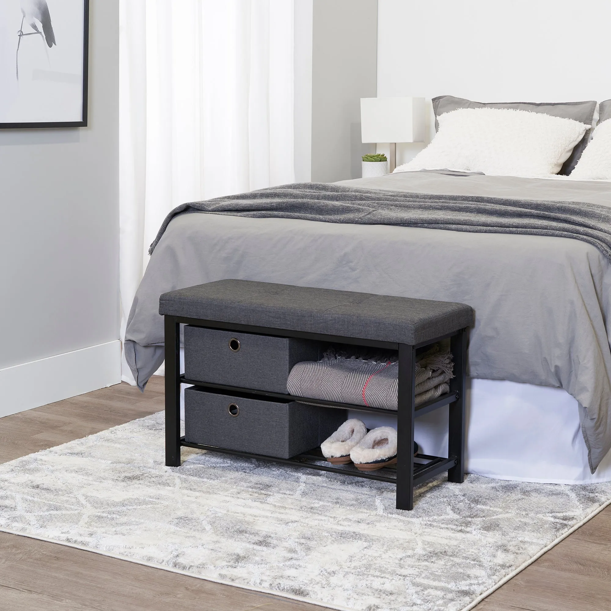 Cushioned Shoe Storage Bench with Drawers