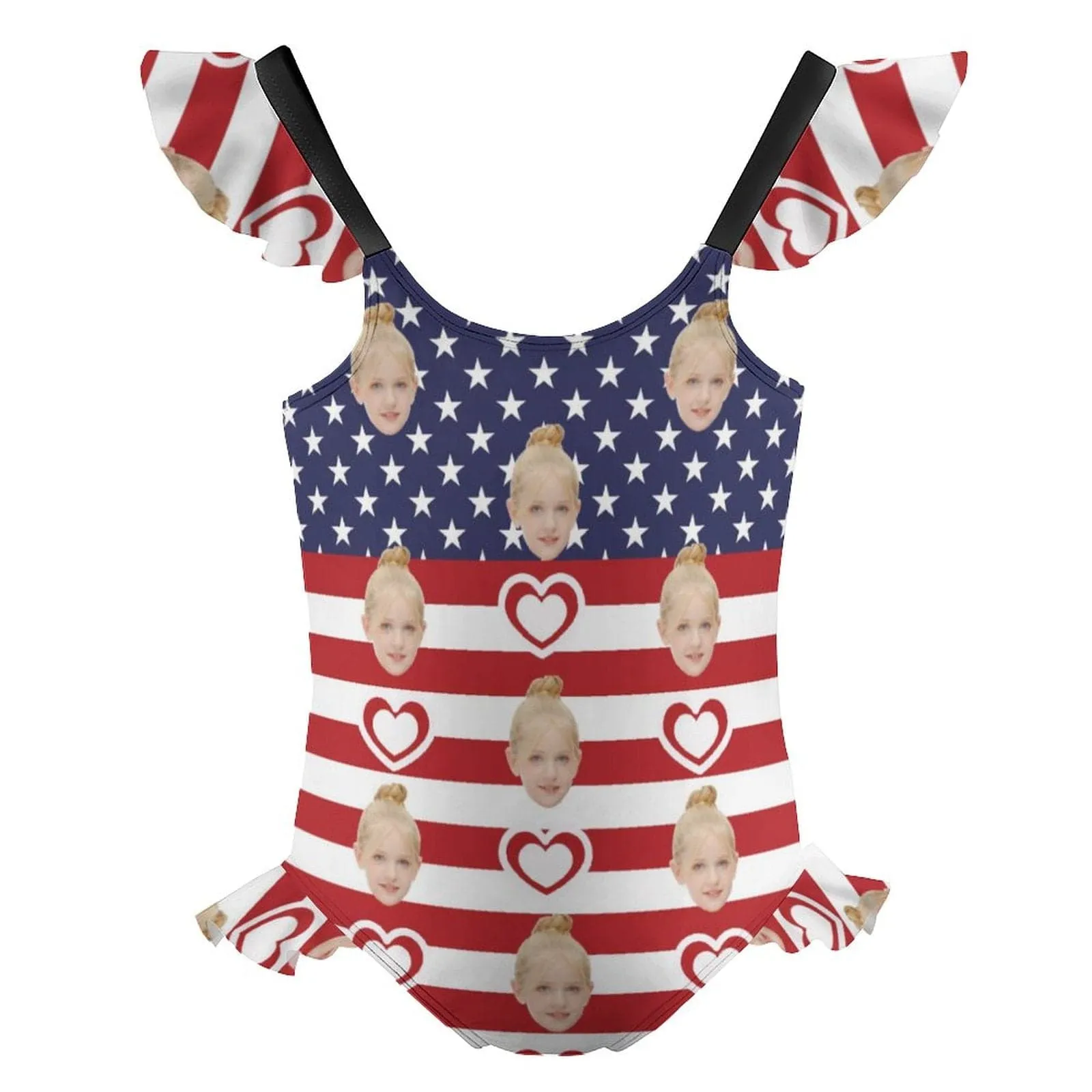 Custom Face American Flag Girls' Swimsuit One Piece Swimwear For Kids 6-12years