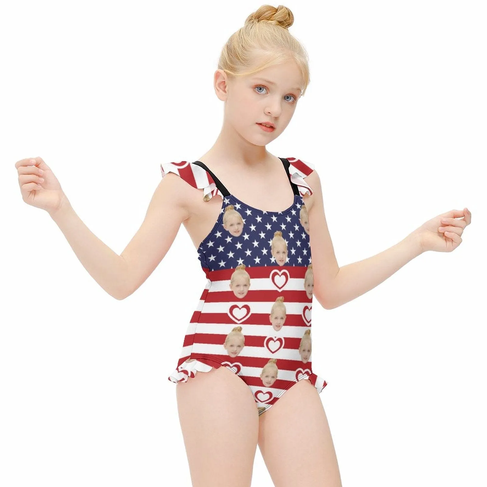 Custom Face American Flag Girls' Swimsuit One Piece Swimwear For Kids 6-12years