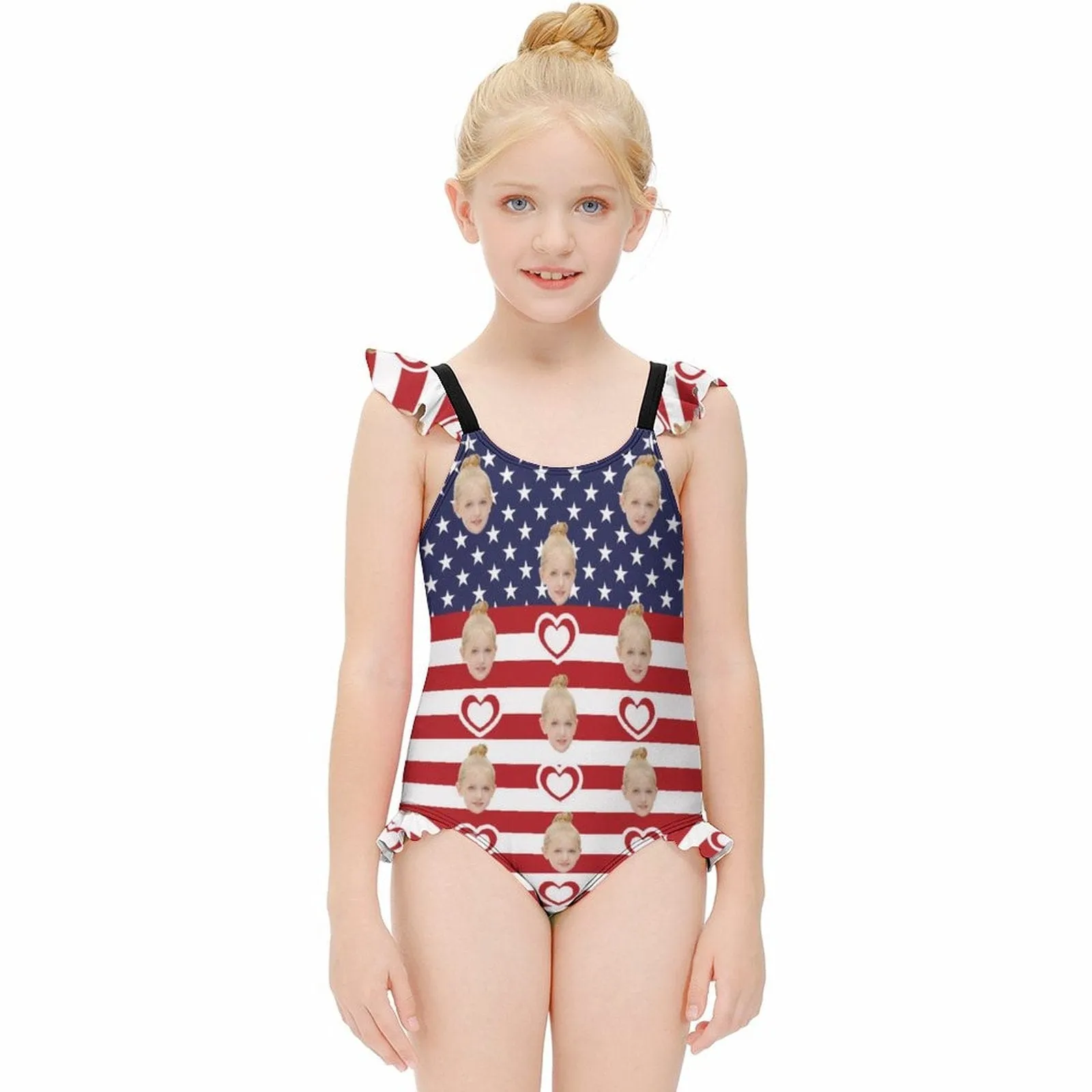 Custom Face American Flag Girls' Swimsuit One Piece Swimwear For Kids 6-12years