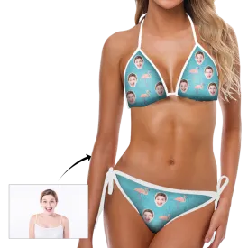 Custom Swimsuit Face Photo Flamingo and Blue Background Bikini Sexy Suit