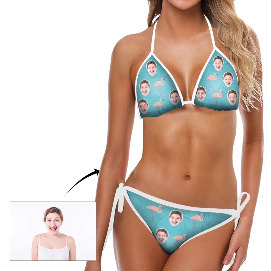 Custom Swimsuit Face Photo Flamingo and Blue Background Bikini Sexy Suit