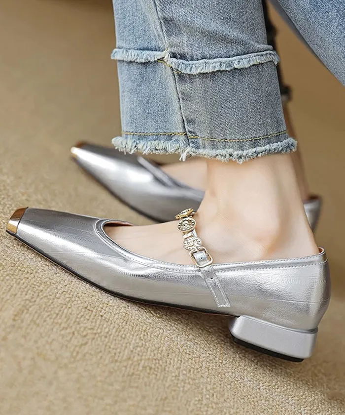 Gold Splicing Stylish Flat Shoes Square Toe Buckle Strap QK056