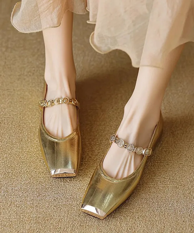 Gold Splicing Stylish Flat Shoes Square Toe Buckle Strap QK056