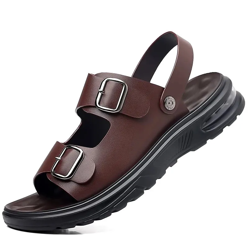 Hnzxzm Summer Men's Genuine Leather Sandals Fashion Casual Non slip Large Hollow Breathable Sandals Men's Beach Shoes Hole Shoes