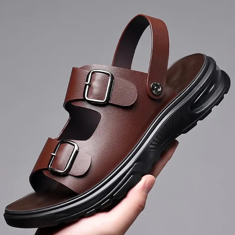 Hnzxzm Summer Men's Genuine Leather Sandals Fashion Casual Non slip Large Hollow Breathable Sandals Men's Beach Shoes Hole Shoes