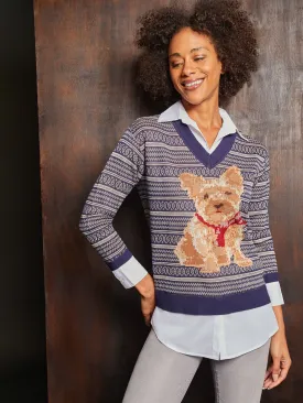 Holiday Dog V-Neck Sweater