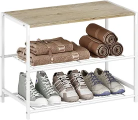 INDIAN DECOR. 48165 Metal Shoe Rack, All-Metal Shoe Tower,Shoe Storage Shelf with MDF Top Board,Each Tier Fits 3 Pairs of Shoes,Entryway Shoes Organizer with Sturdy Metal Shelves (White, 3-Tier)