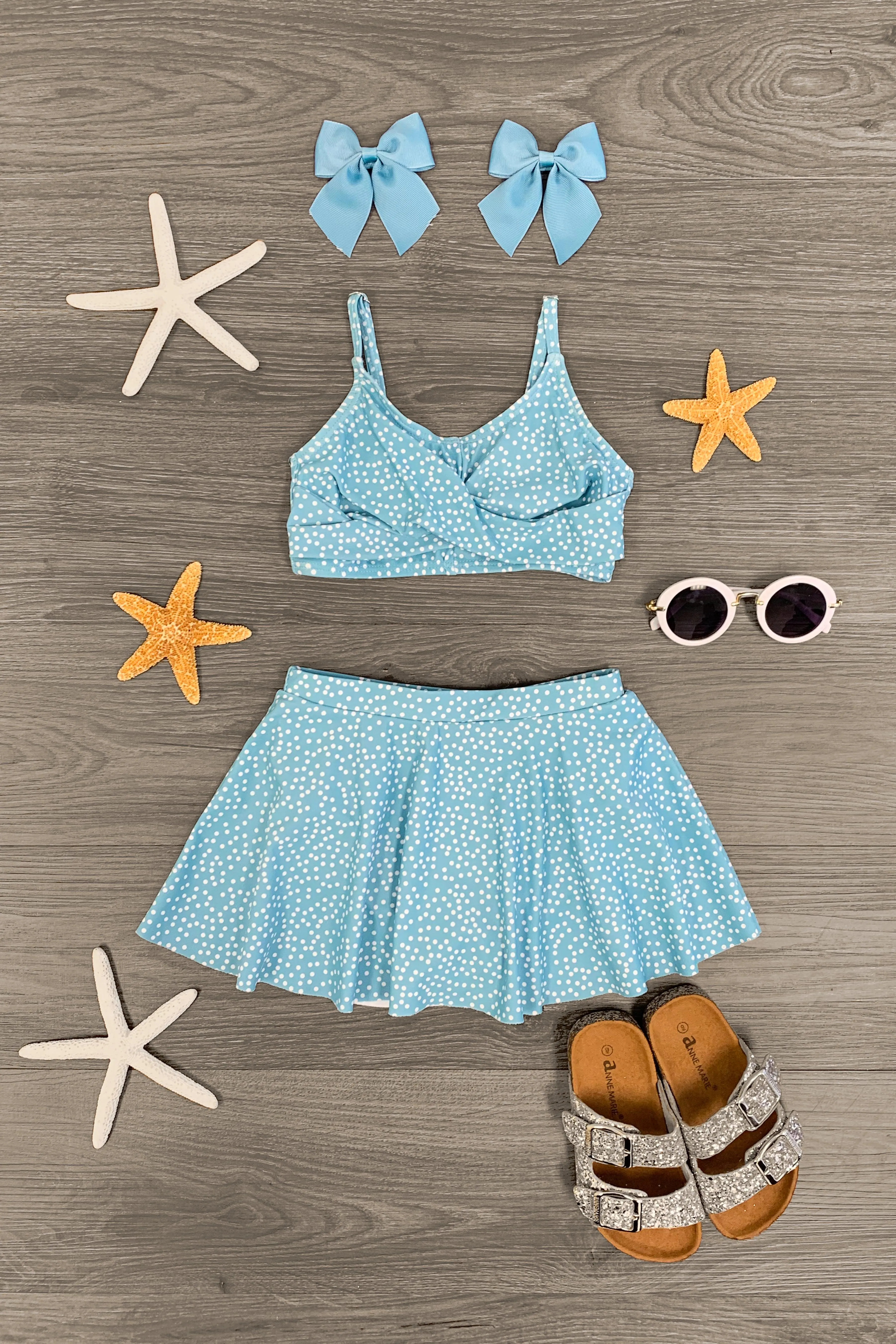 Light Blue & White Polka Dot Swim Skirt Set