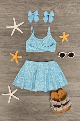 Light Blue & White Polka Dot Swim Skirt Set