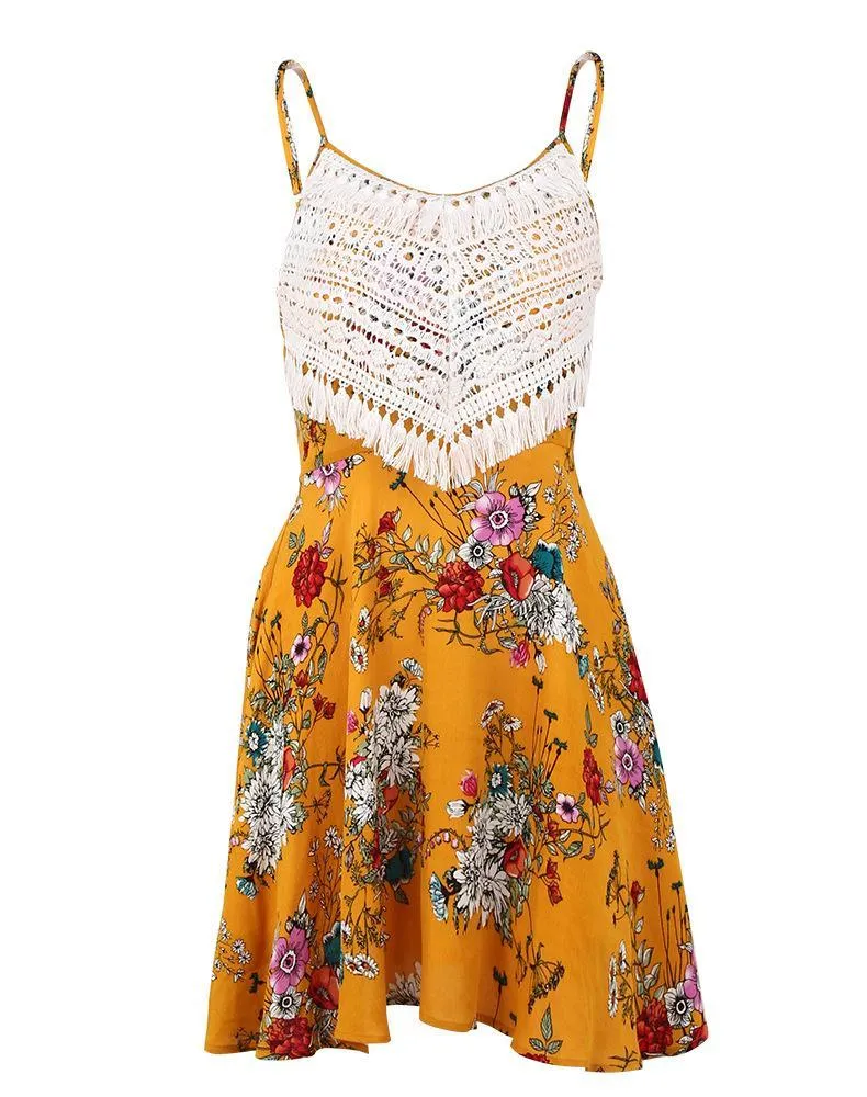 New Spaghetti Strap Flower Printed Mini Dress