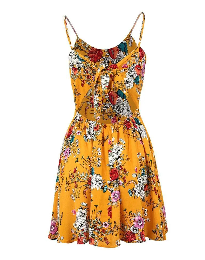 New Spaghetti Strap Flower Printed Mini Dress