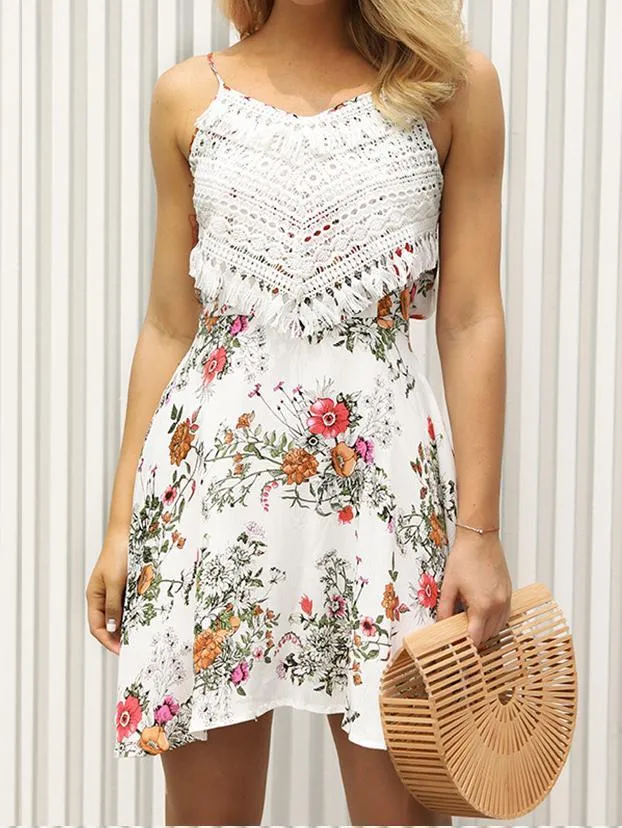 New Spaghetti Strap Flower Printed Mini Dress