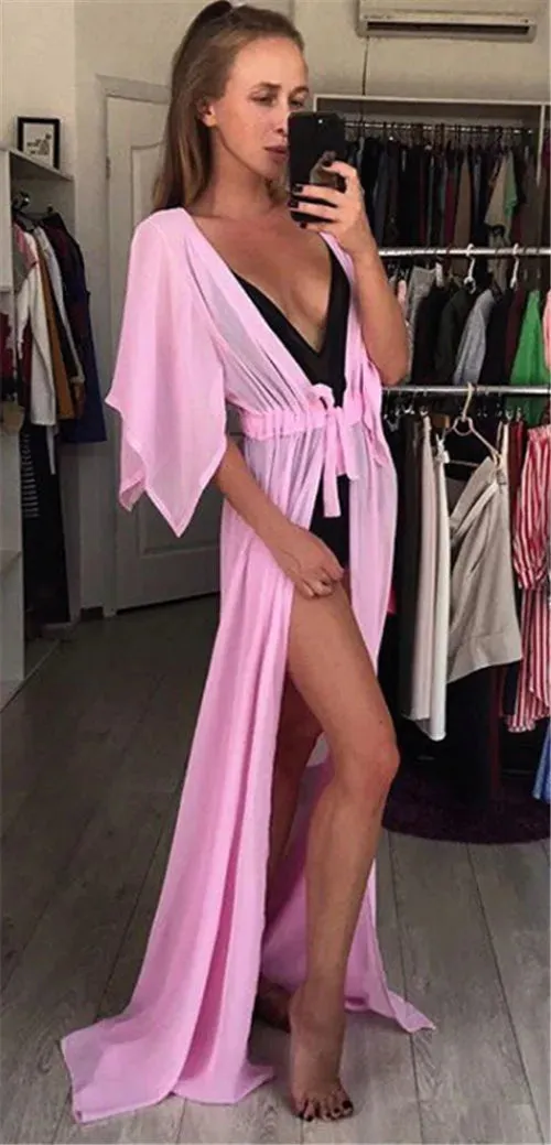 New Women Beach Cover Up Sexy Bikini Chiffon Long Dress For Women Solid Beach Dress Women Summer Bathing Suit Beach Tunic Kaftan