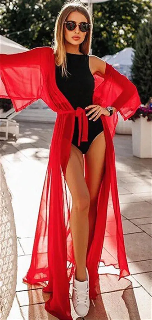 New Women Beach Cover Up Sexy Bikini Chiffon Long Dress For Women Solid Beach Dress Women Summer Bathing Suit Beach Tunic Kaftan