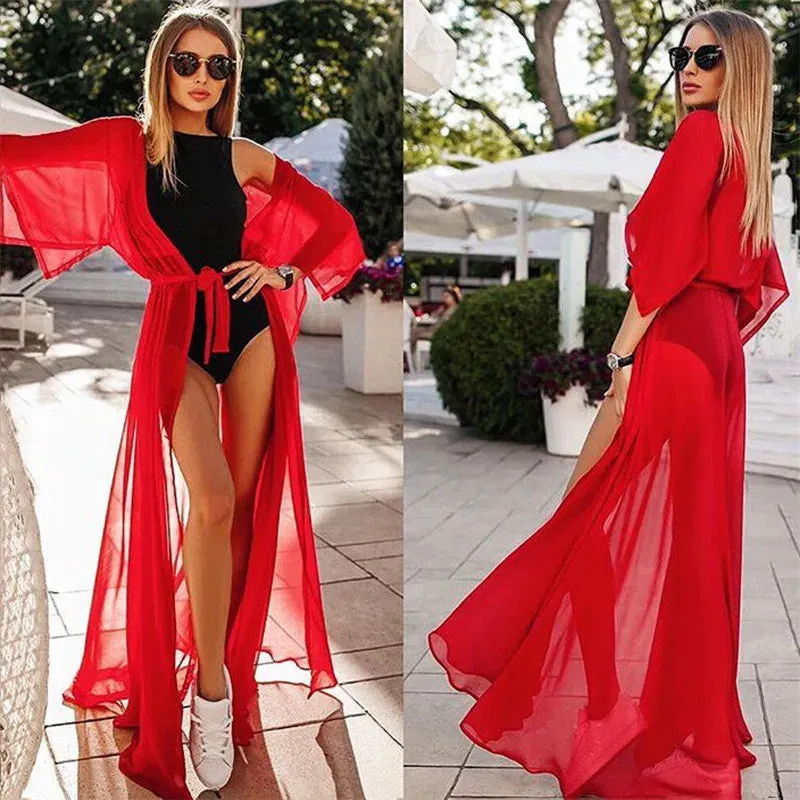 New Women Beach Cover Up Sexy Bikini Chiffon Long Dress For Women Solid Beach Dress Women Summer Bathing Suit Beach Tunic Kaftan