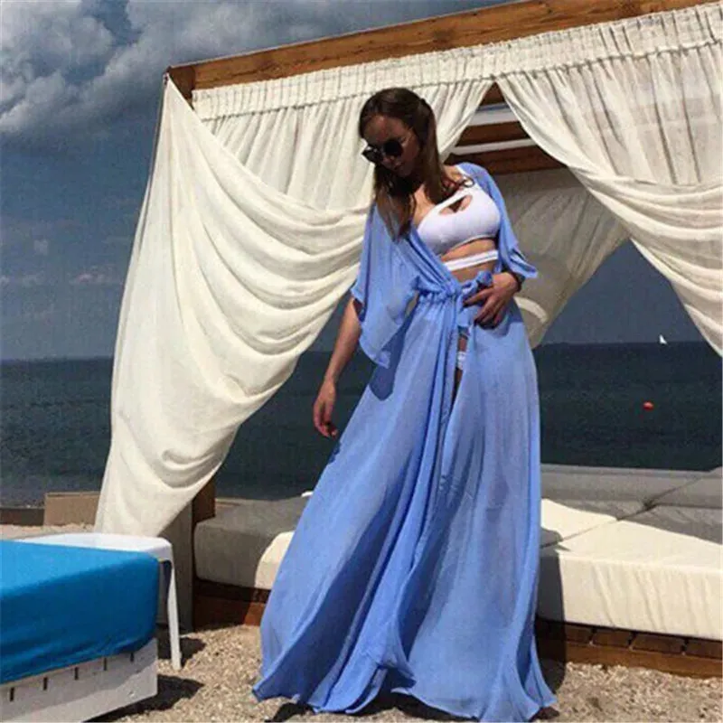 New Women Beach Cover Up Sexy Bikini Chiffon Long Dress For Women Solid Beach Dress Women Summer Bathing Suit Beach Tunic Kaftan