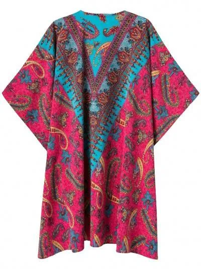 Paisley Print Handkerchief-Hem Open Neckline Batwing Sleeves Short Dress