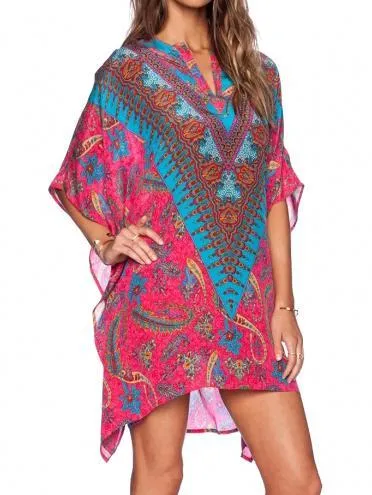 Paisley Print Handkerchief-Hem Open Neckline Batwing Sleeves Short Dress