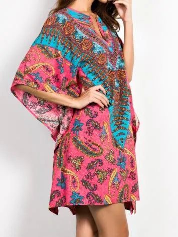 Paisley Print Handkerchief-Hem Open Neckline Batwing Sleeves Short Dress