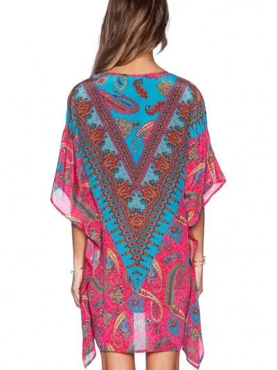 Paisley Print Handkerchief-Hem Open Neckline Batwing Sleeves Short Dress