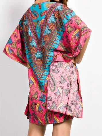 Paisley Print Handkerchief-Hem Open Neckline Batwing Sleeves Short Dress