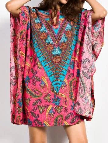 Paisley Print Handkerchief-Hem Open Neckline Batwing Sleeves Short Dress