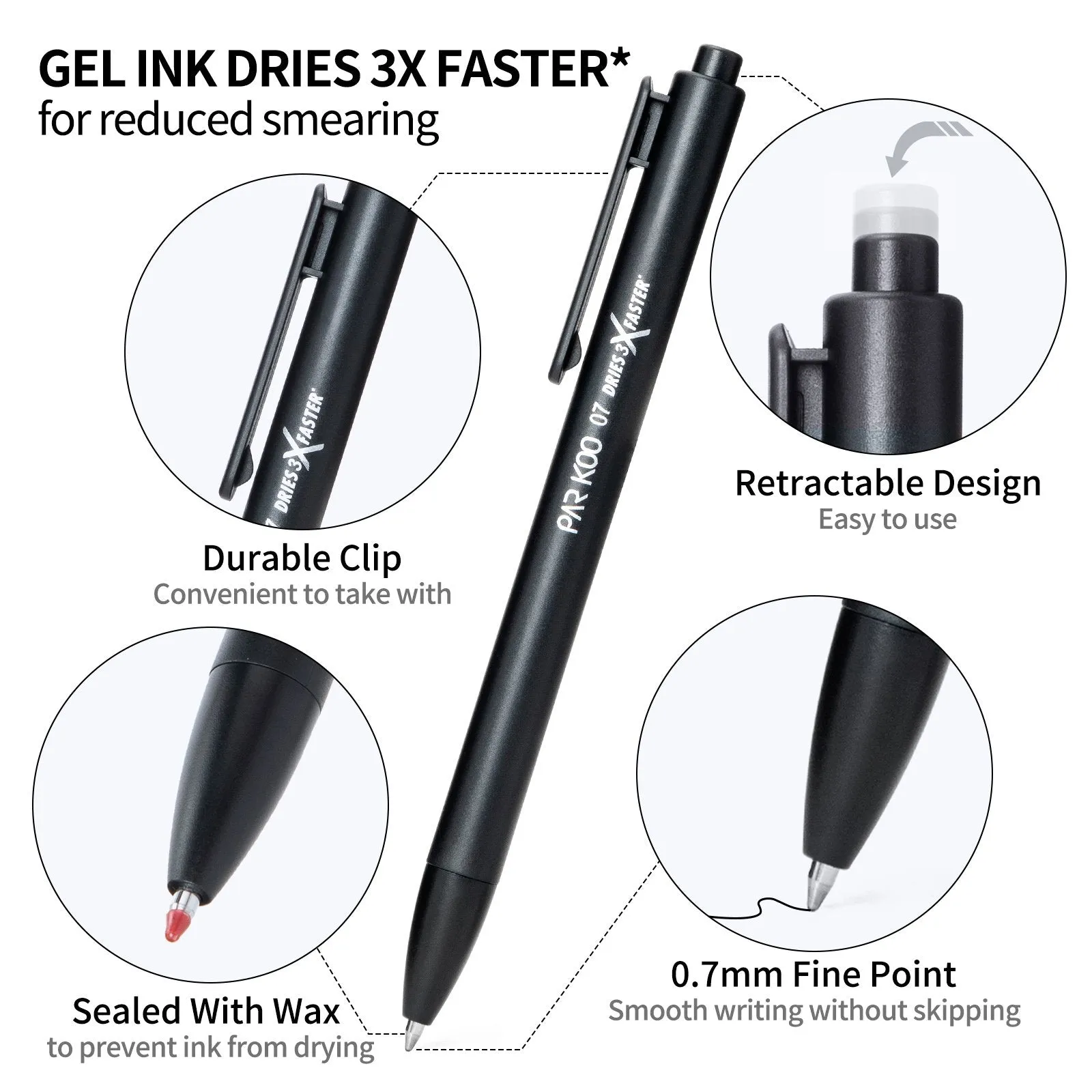 ParKoo Retractable Gel Pens 0.7mm Fine Point Quick Dry Ink, 20 Black