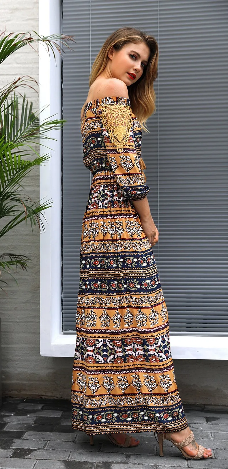 Print Off Shoulder Beach Bohemia Maxi Long Dress