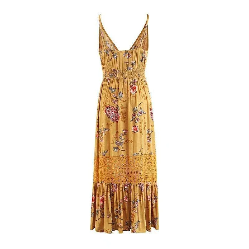 Printed Spaghetti Strap Backless Beach Bohemia Maxi Dress