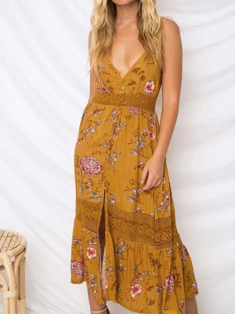 Printed Spaghetti Strap Backless Beach Bohemia Maxi Dress