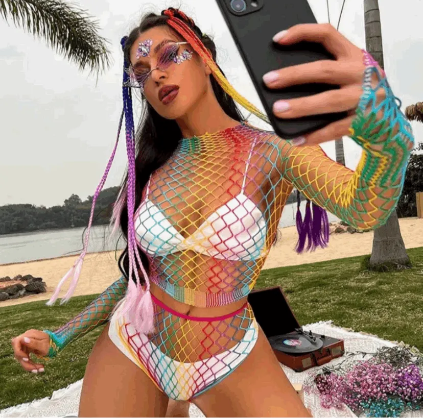 Rainbow Mesh Fishnet Rave Festival Top Booty Short Outfit Swim Cover