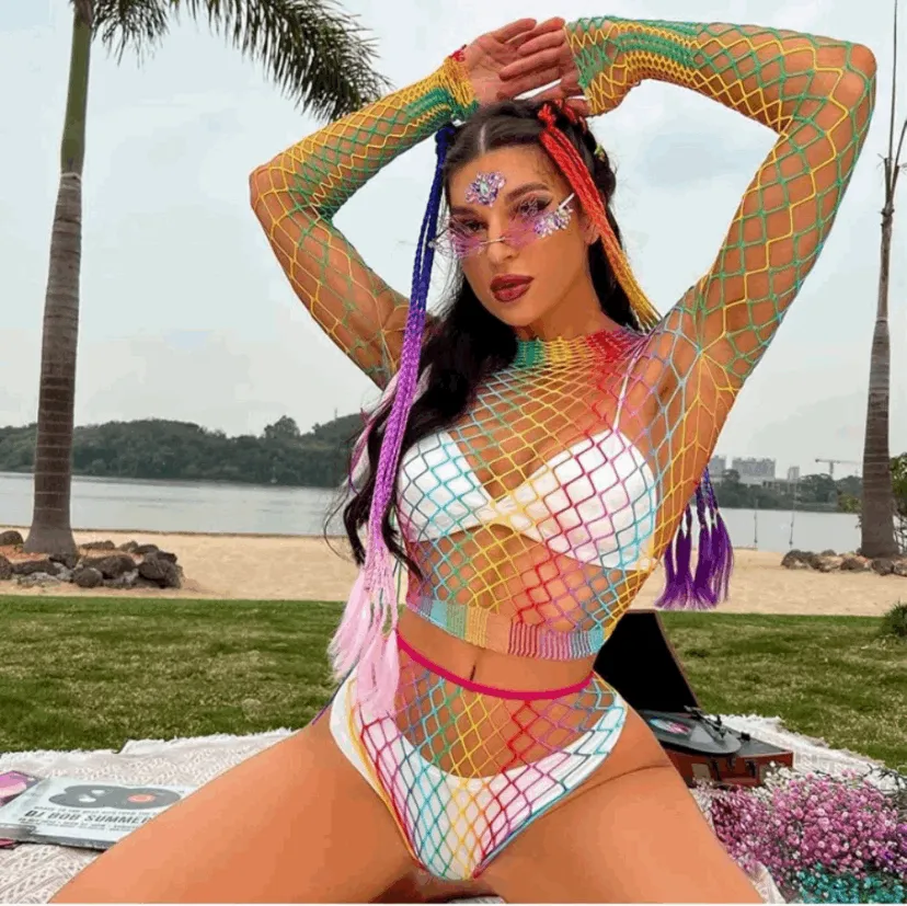 Rainbow Mesh Fishnet Rave Festival Top Booty Short Outfit Swim Cover