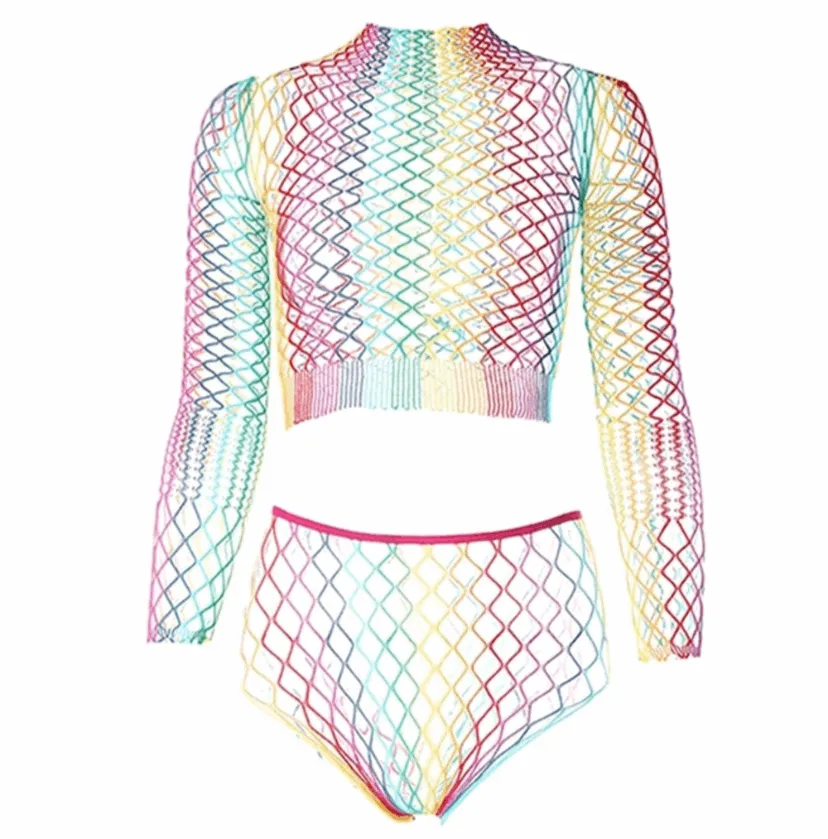 Rainbow Mesh Fishnet Rave Festival Top Booty Short Outfit Swim Cover