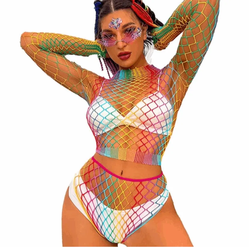 Rainbow Mesh Fishnet Rave Festival Top Booty Short Outfit Swim Cover